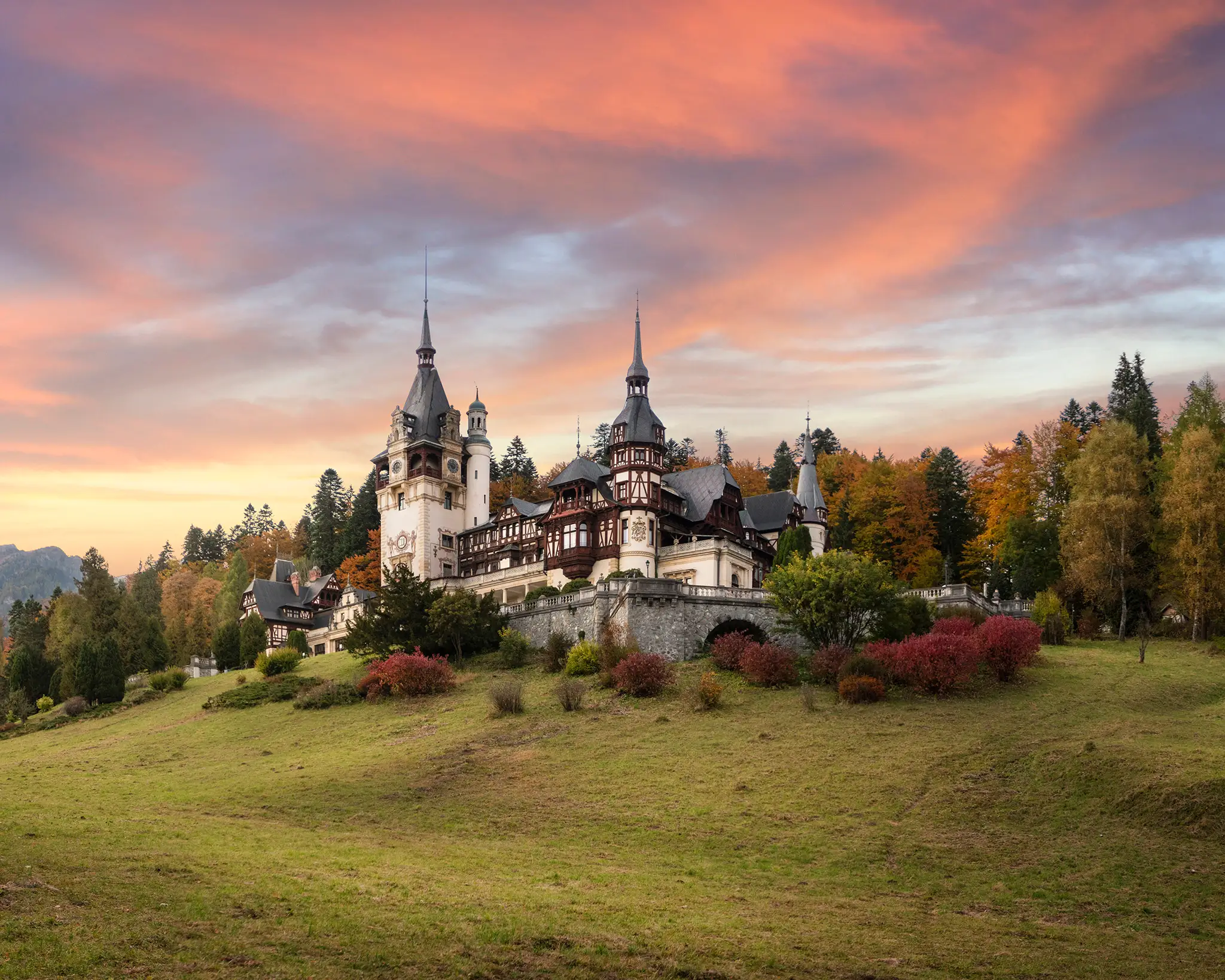 Panorama of Peles Castle, Romania.