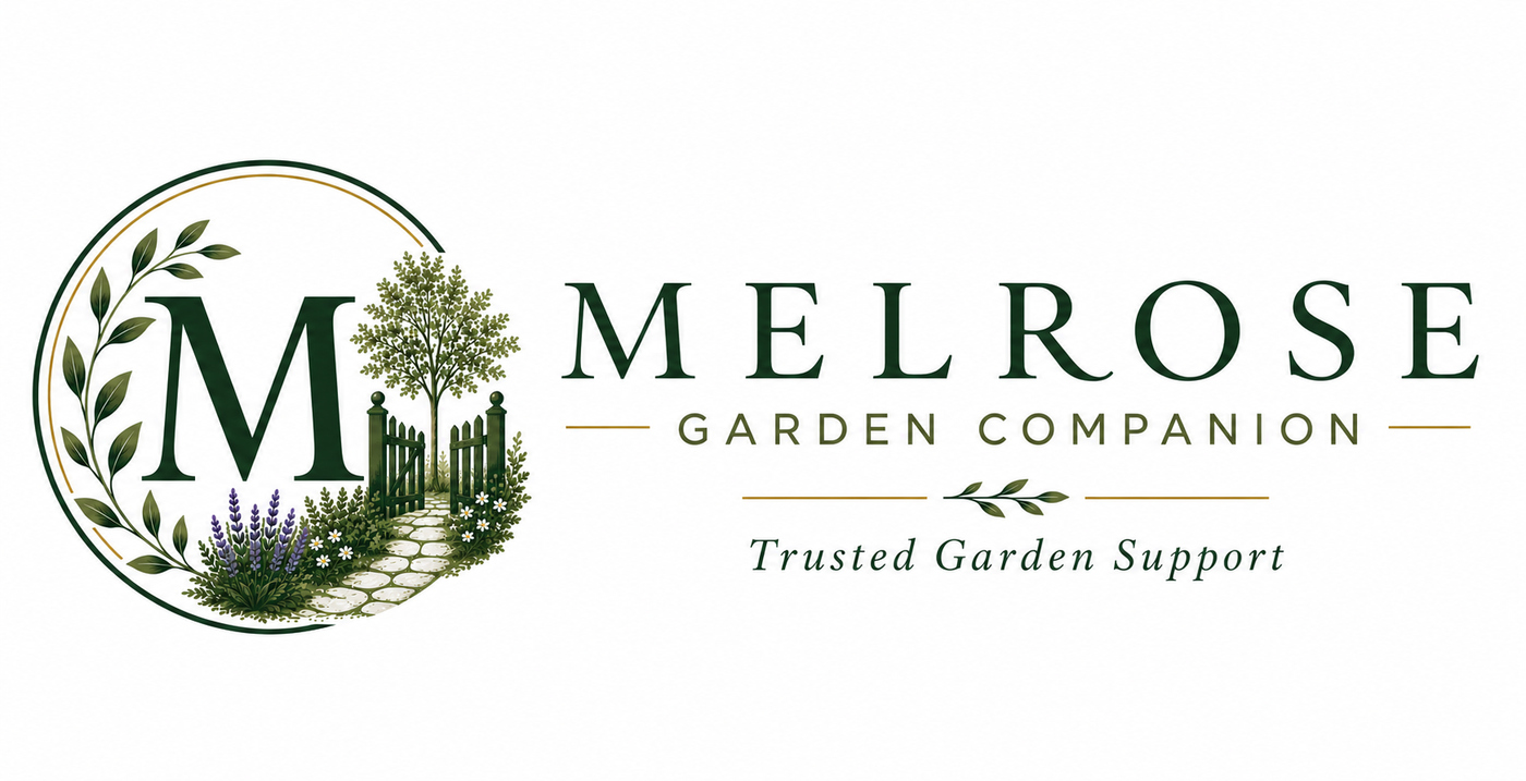 Green and golden text reading Melrose Garden companion Trusted Garden Support with a logo including a green M surrounded by foilage and a path surrounded by flowers leading to a green gate