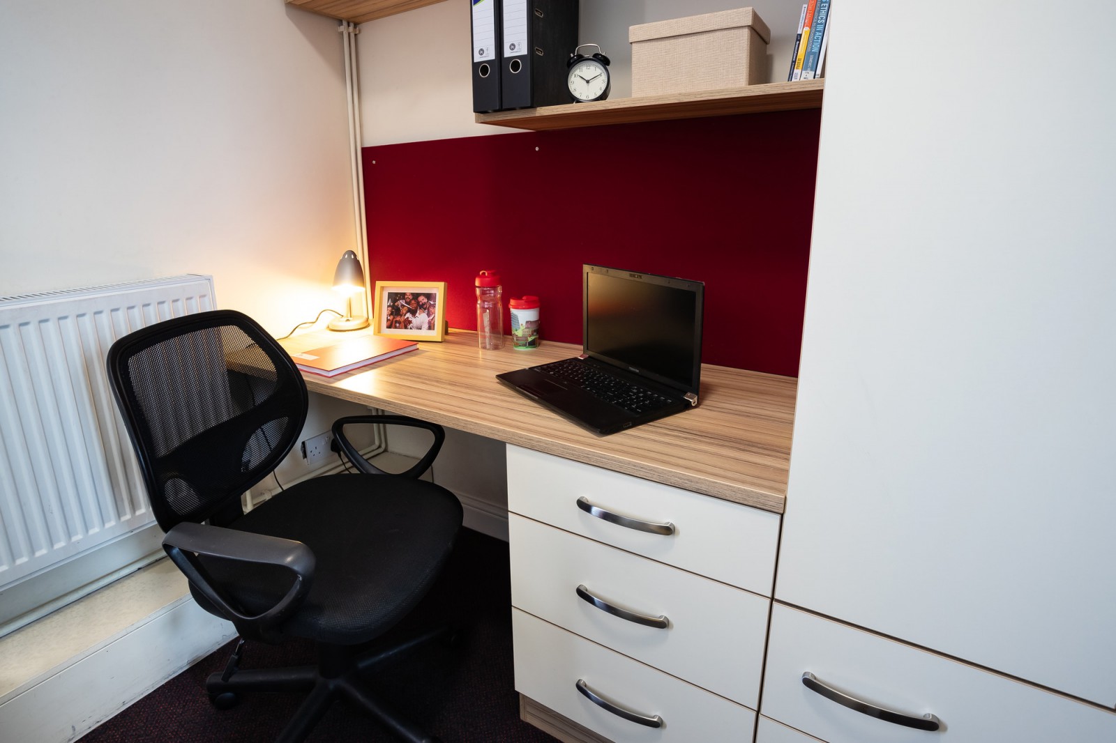 Arden court bedroom desk and storage space
