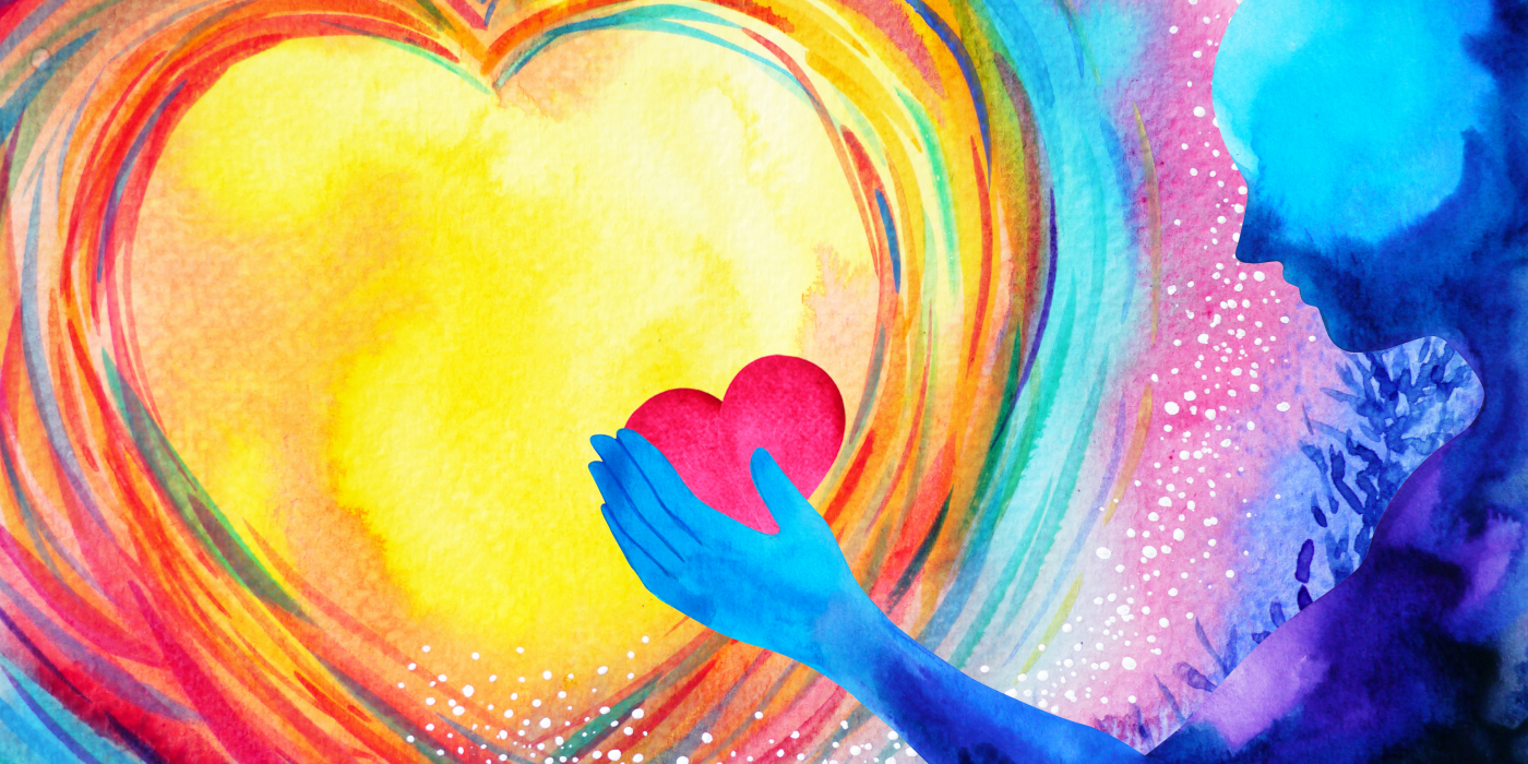 Painting of a person holding a heart in their hand, with a bigger yellow/gold coloured heart in the background, with multiple different colours outlining the bigger heart.