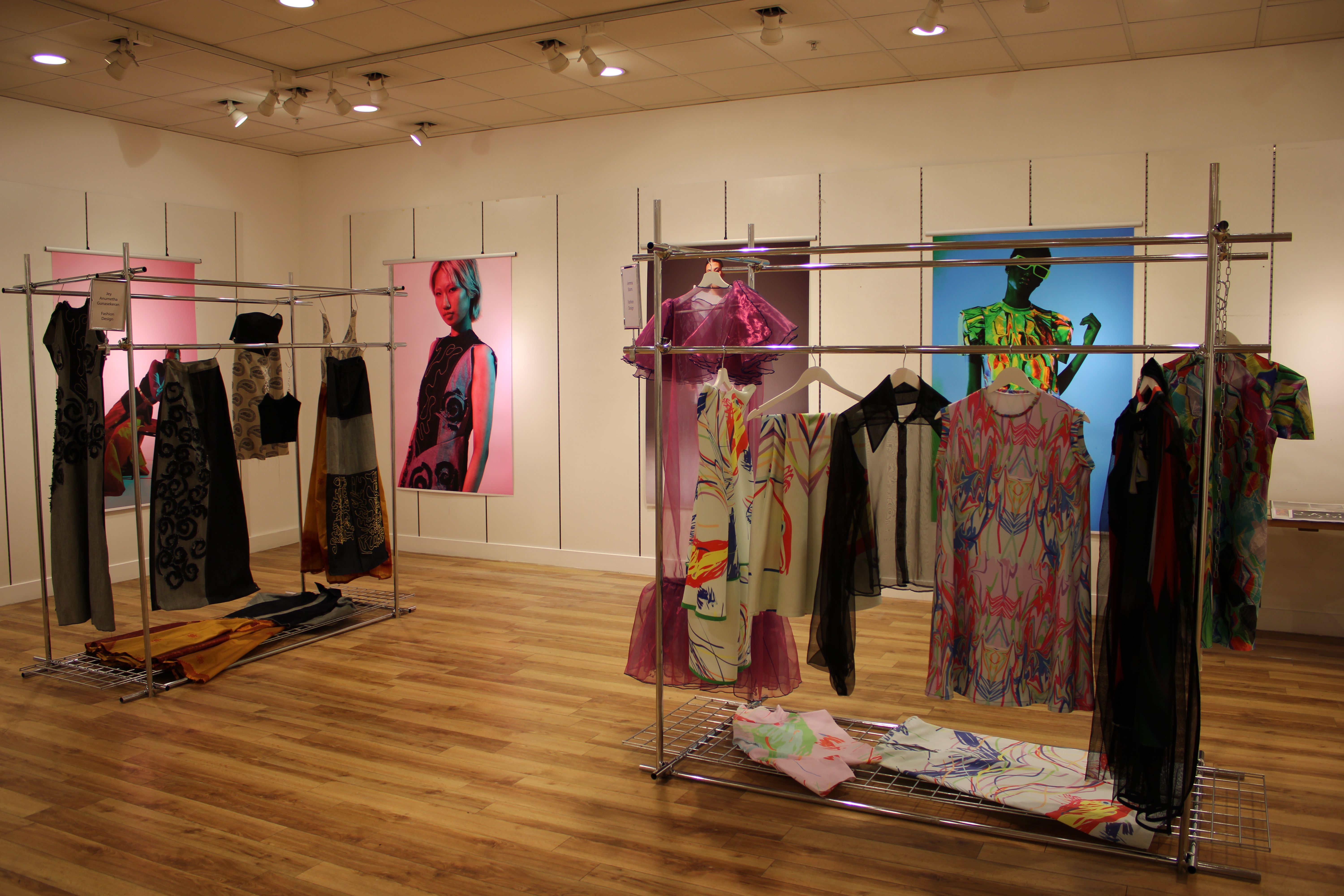 Bright clothing hung up on display