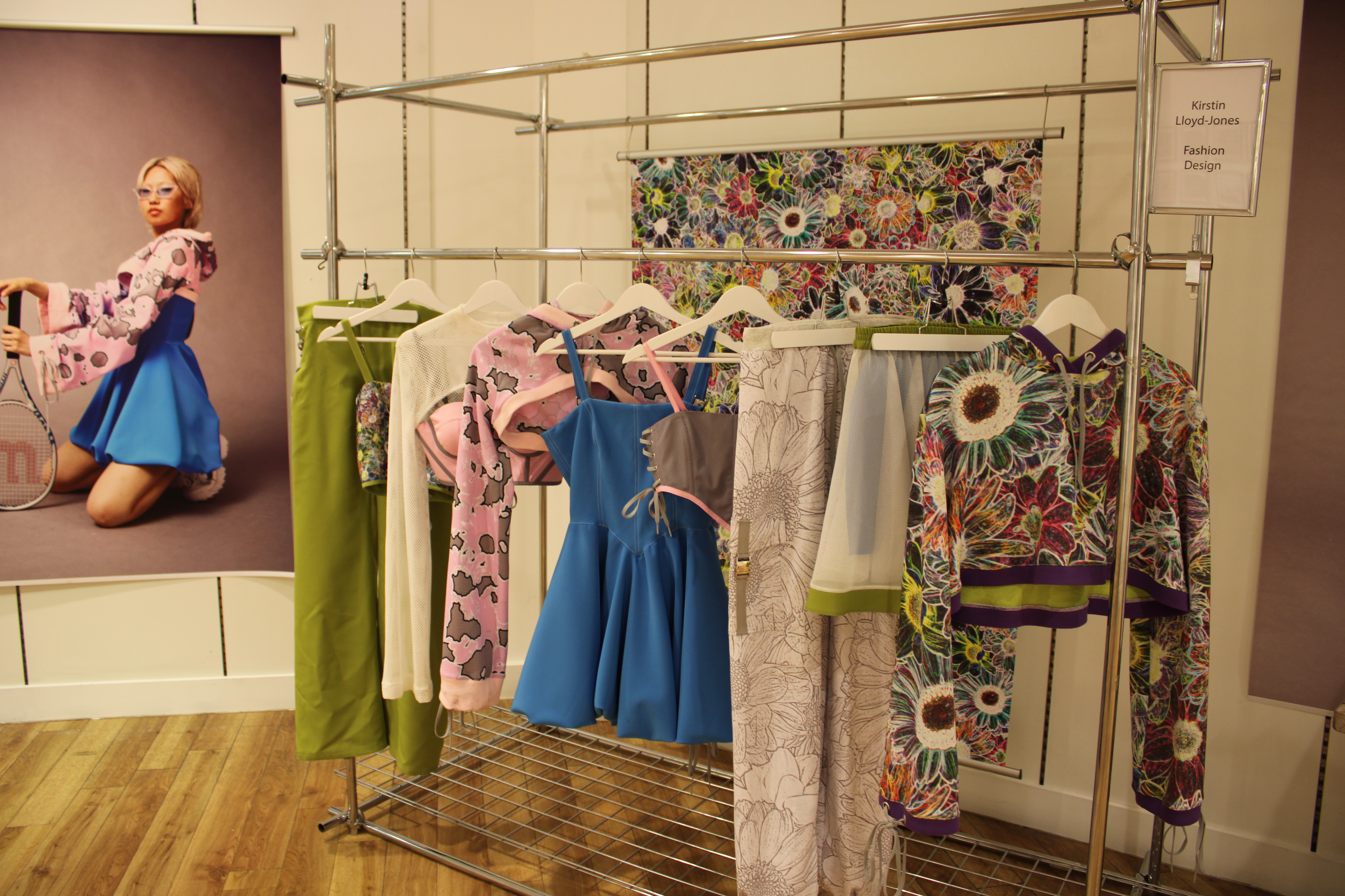 Hung up, brightly coloured clothes