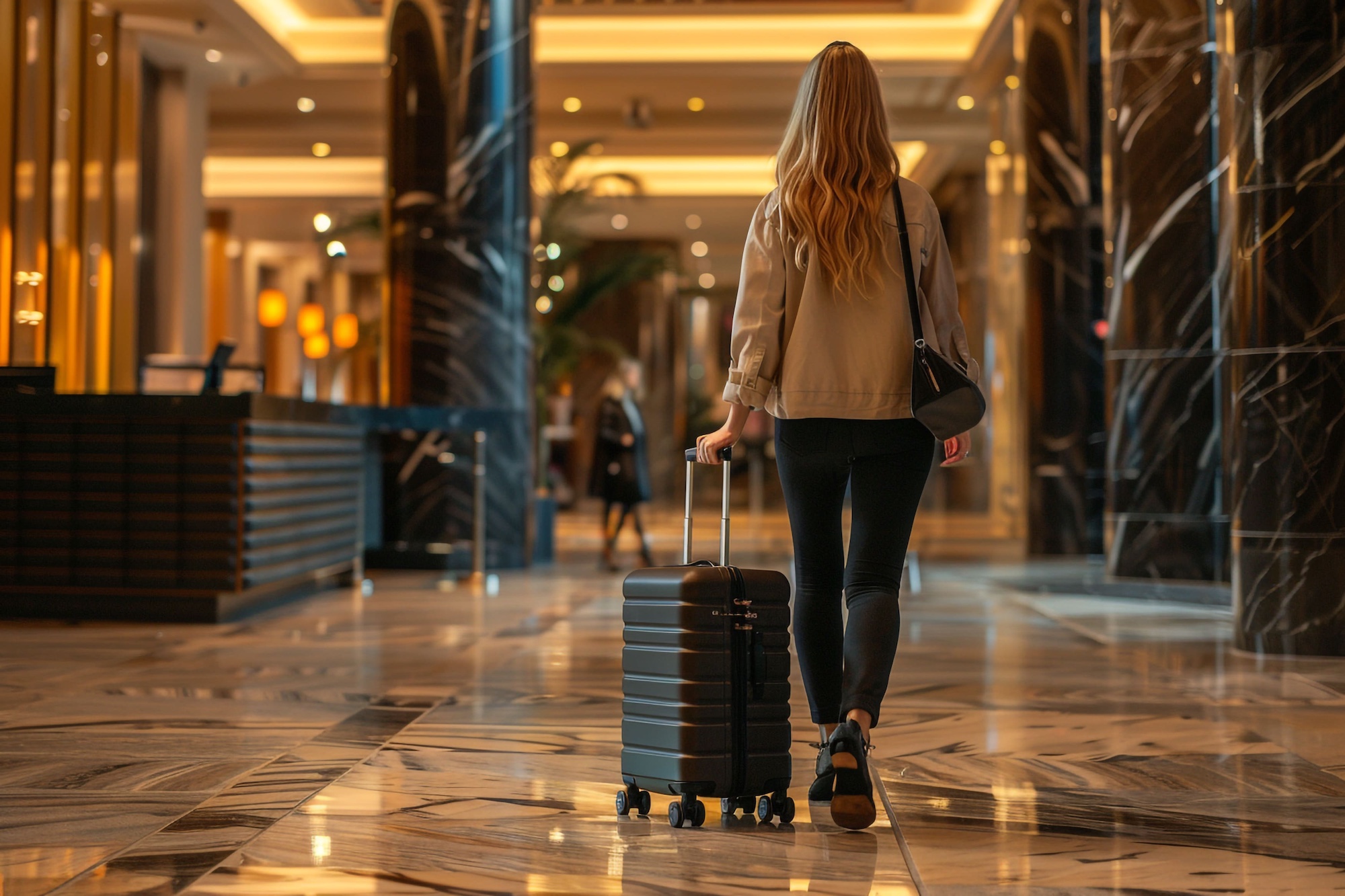 A woman is walking away from the camera, pulling a small, hard-shell black suitcase.