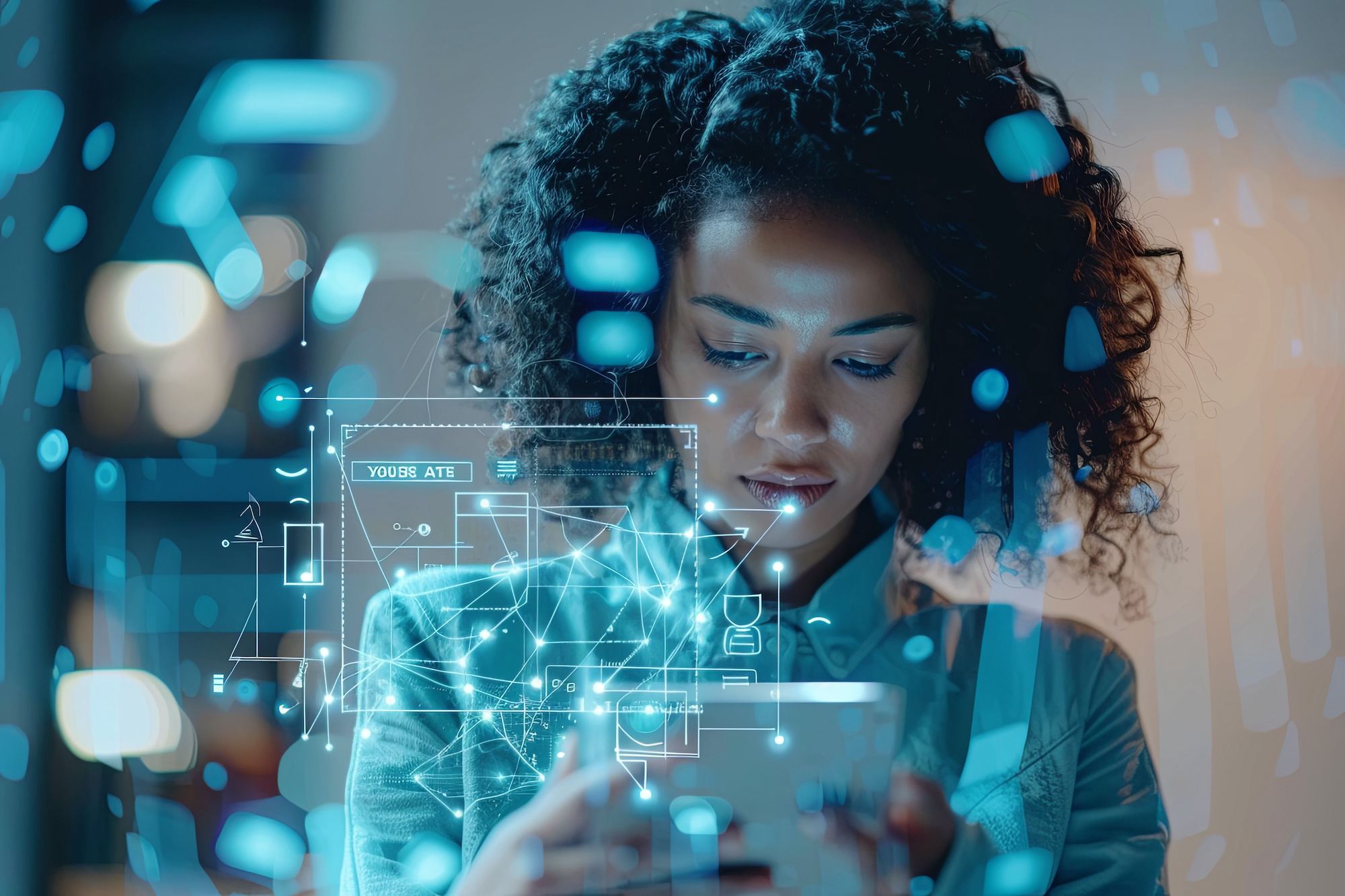 Woman working with a tablet in hand, with computer graphics across the image