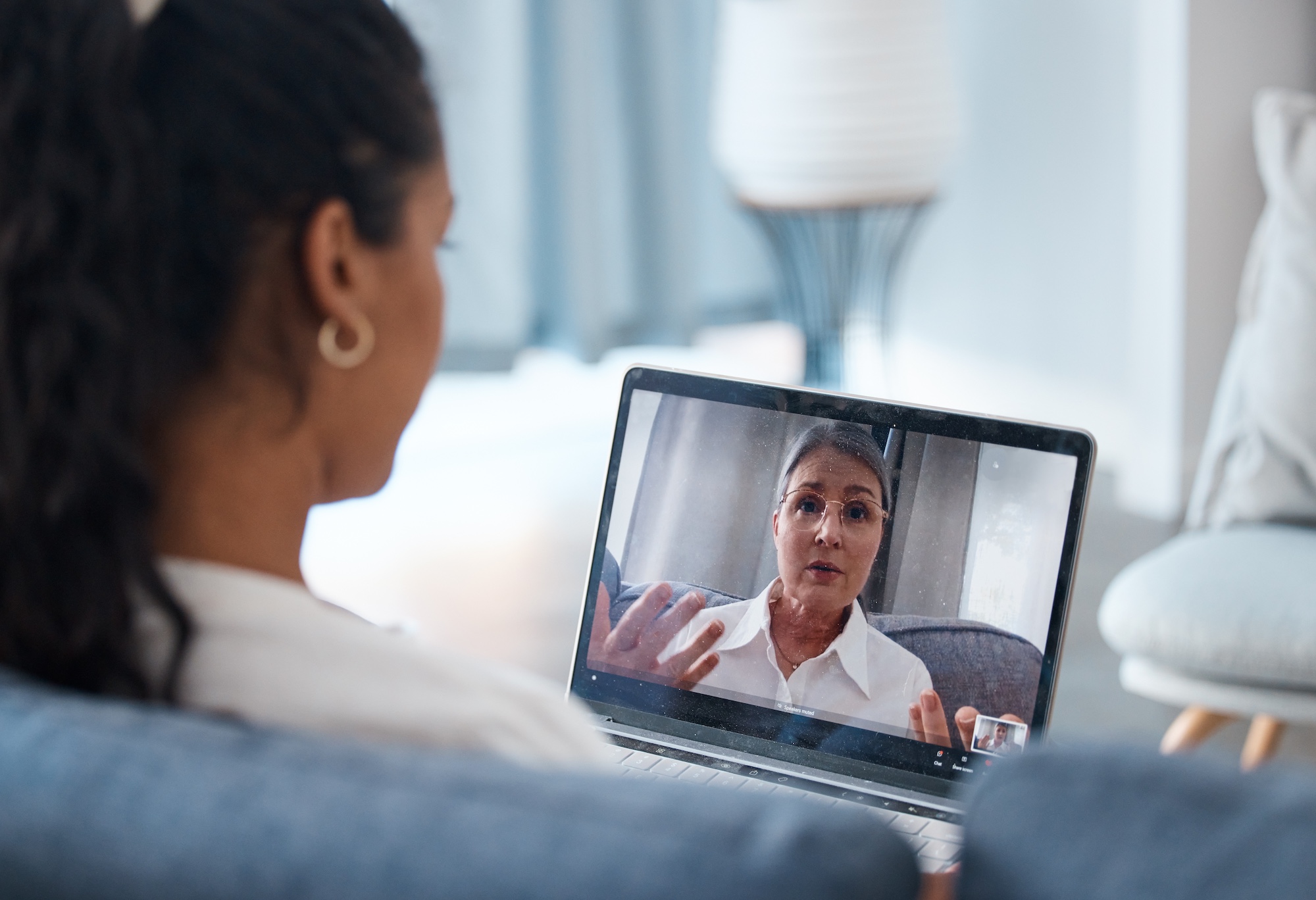 Video call, laptop screen with women and counsellor for online counseling and help line.