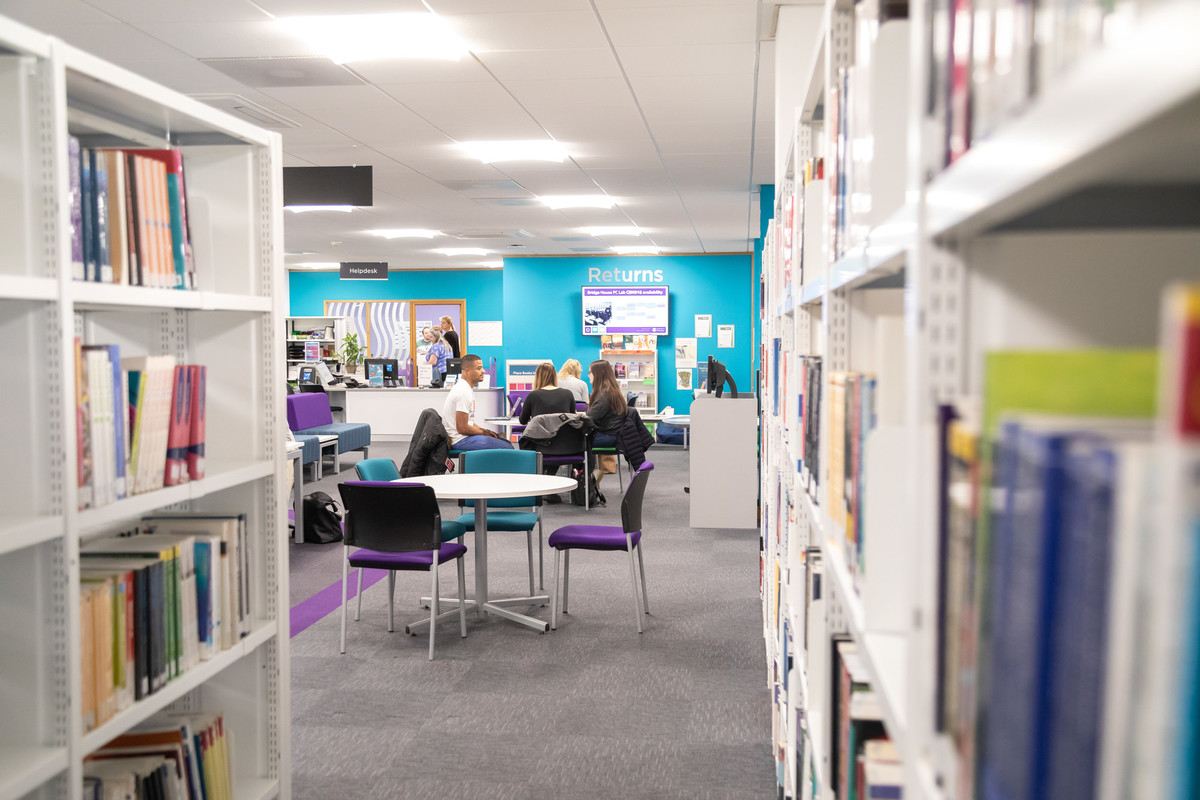 Library study space and book shelves