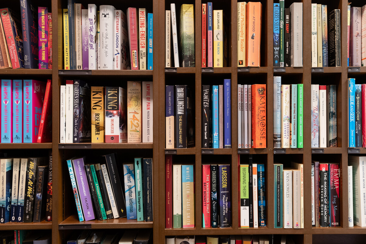 Bookshelves with English literature and language books.