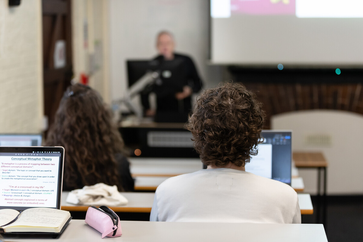 backs of students' heads looking at a lecturer at the front of the class