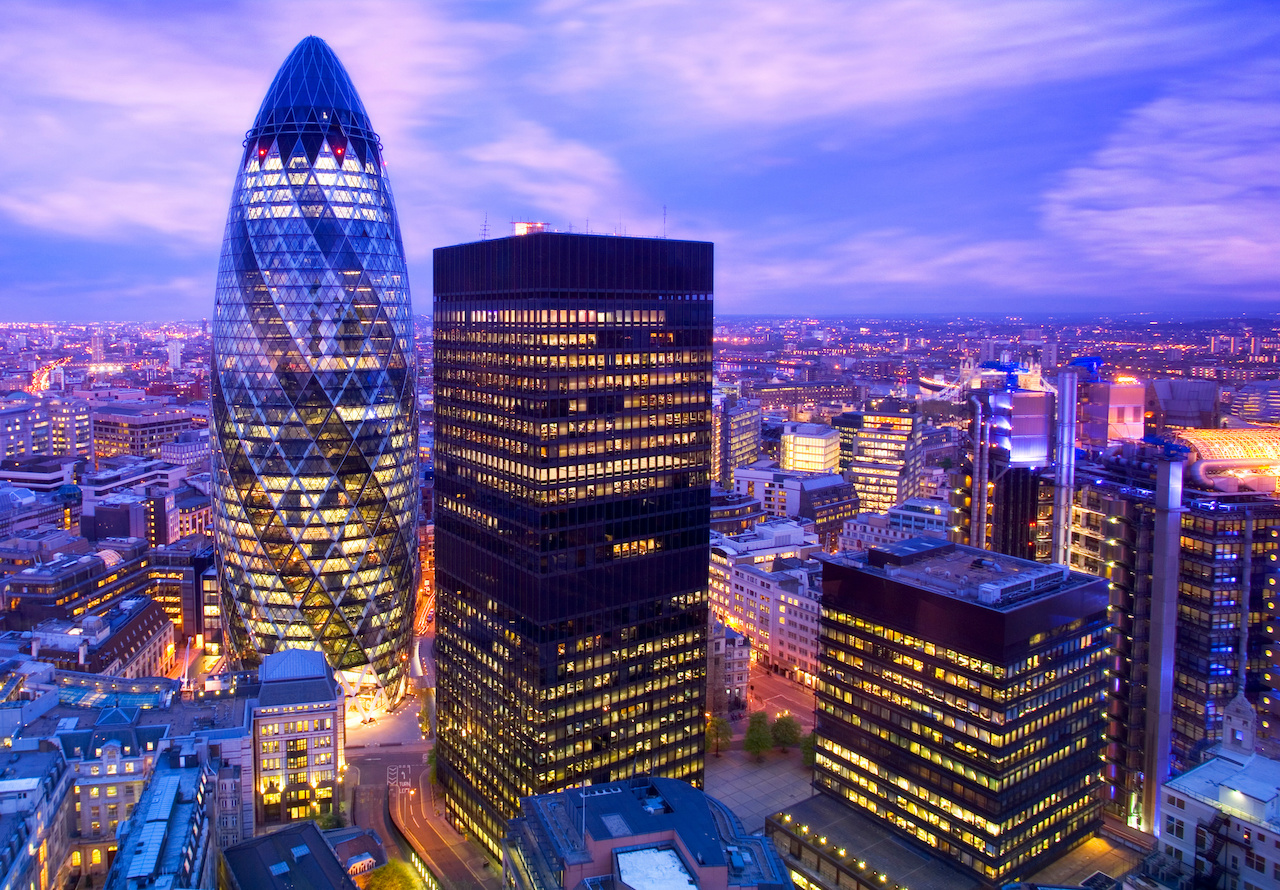 elevated shot of London financial district