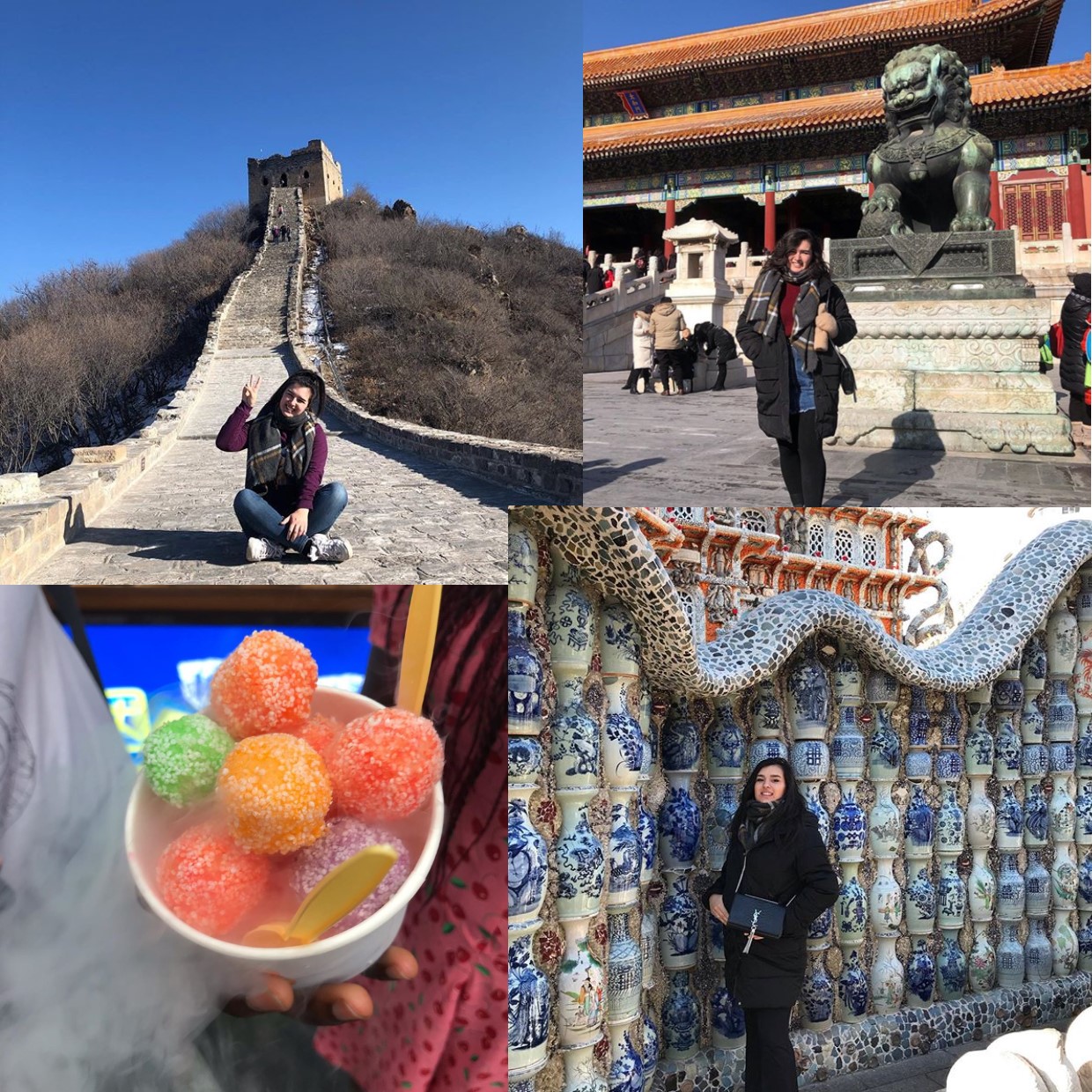 Collage of four images showing landmarks and food in China