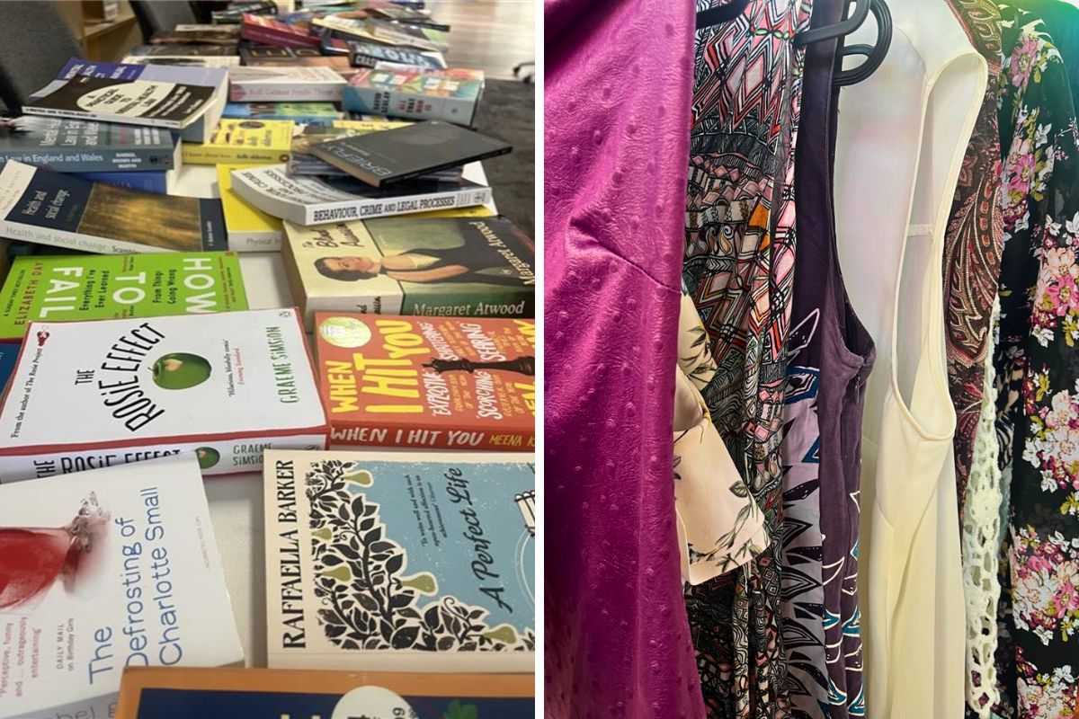 Two photos of charity donations. The left photo is a pile of books, the right is a selection of clothes on hangars.