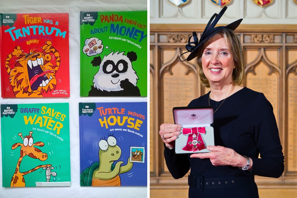 Two pictures. The left picture is of four children