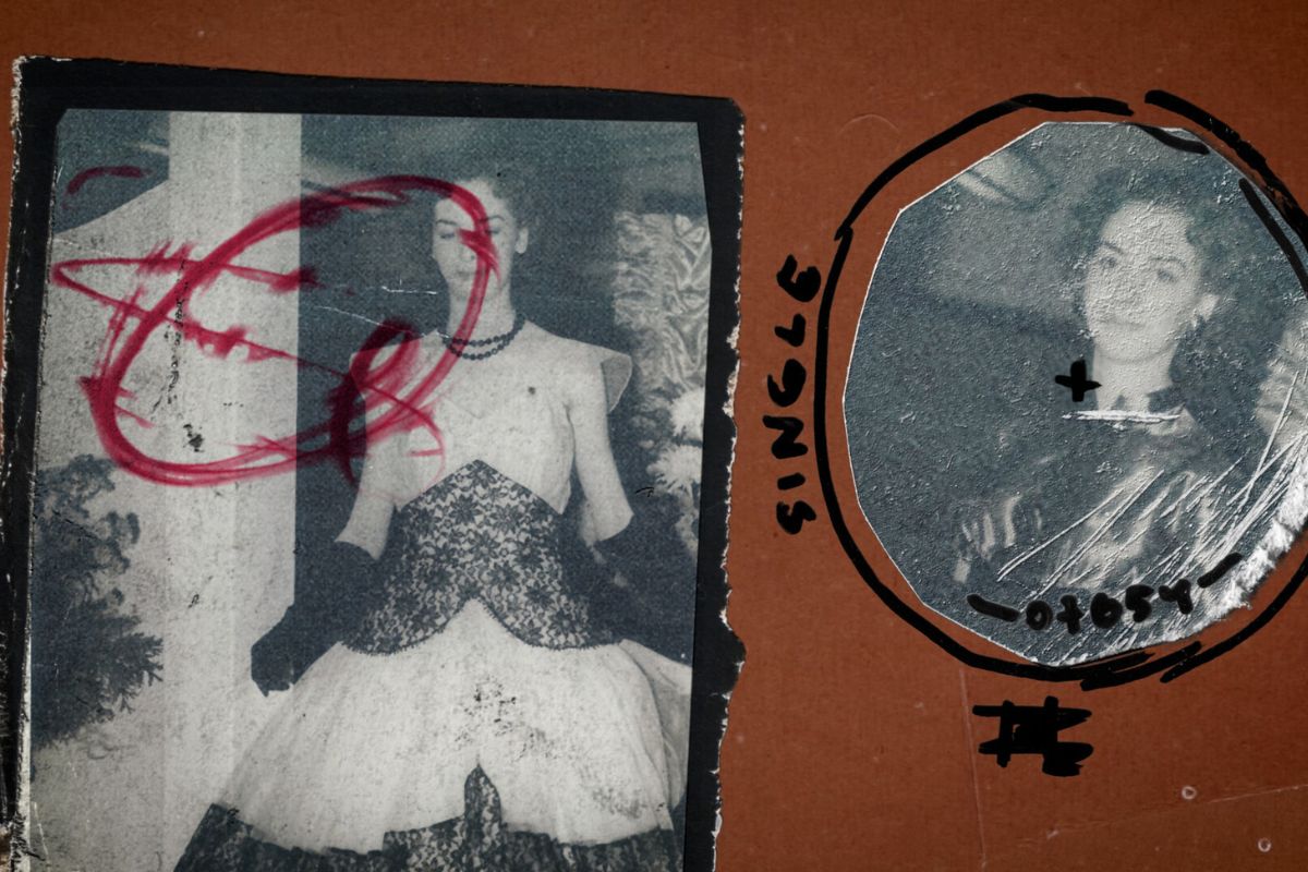 Two black and white photos of women. The one on the left is in a dress and has a red circle mark drawn on the photo. The one on the right is a circular photo, with a + sign marked in the centre and the word 'SINGLE' written on the perimeter.