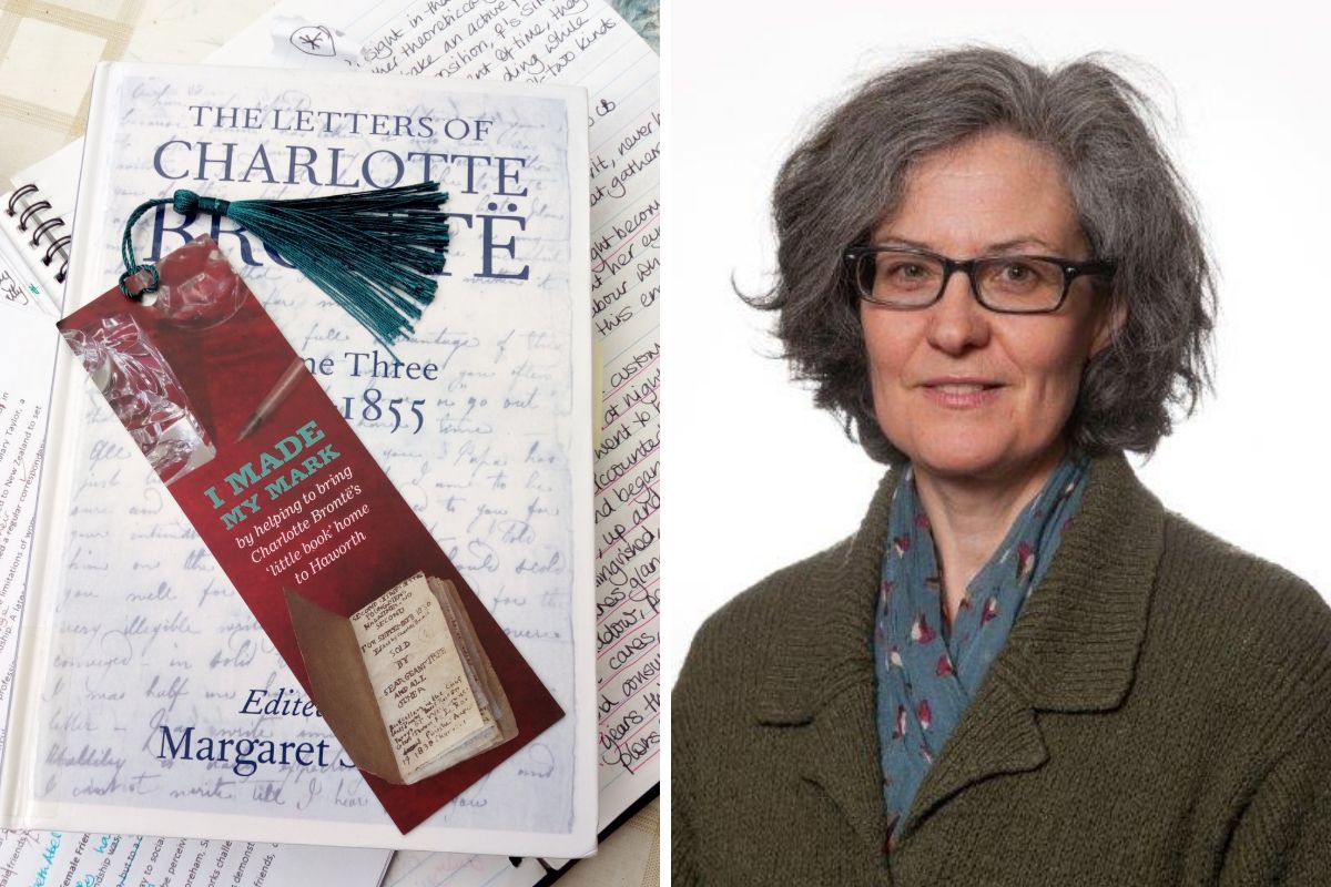 Two pictures. The left photo is of a Bronte bookmark over a textbook and detailed handwritten notes. The right photo is a head and shoulders photo of Professor Deborah Wynne, looking at the camera.