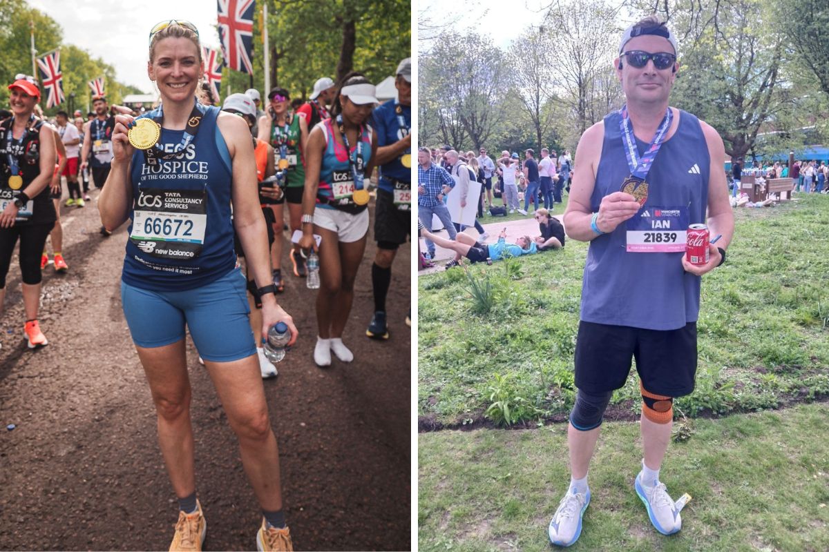 Two pictures of Becky Richardson and Ian Dawson, each standing with their medals for finishing their marathons.