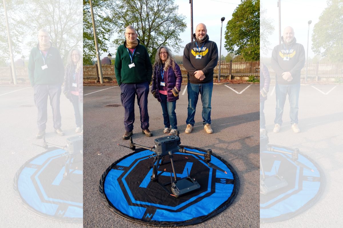 University of Chester VP Stewart Ainsworth, Prof Meggen Gondek and Alex Foster with the drone technology.
