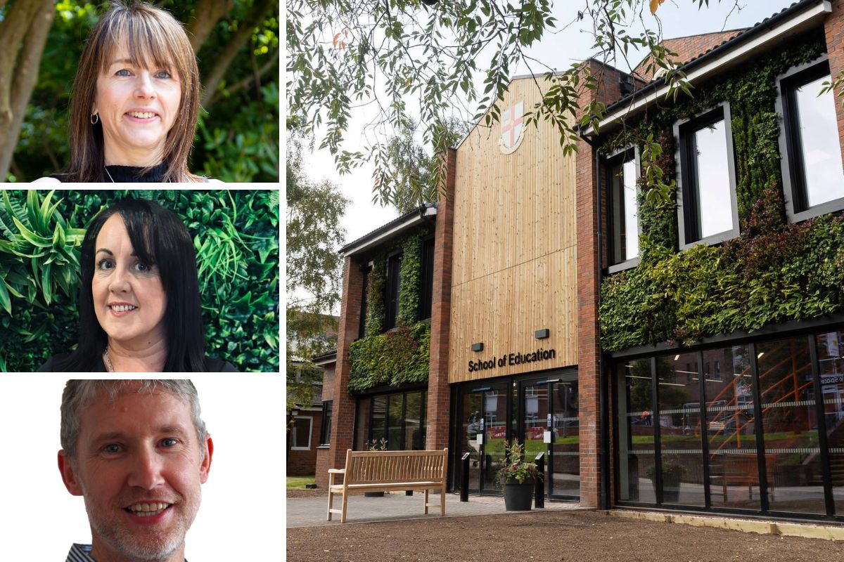 Profile photos of Paula Hamilton, Tanya Sharples and Luke Jones next to an exterior photo of the School of Education.