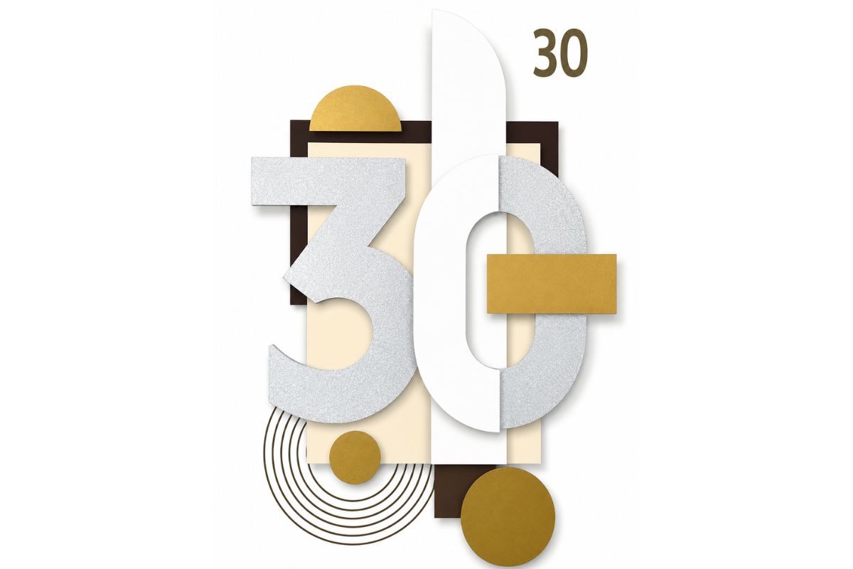 An artistic design with gold and silver, including a big number 30 on it.