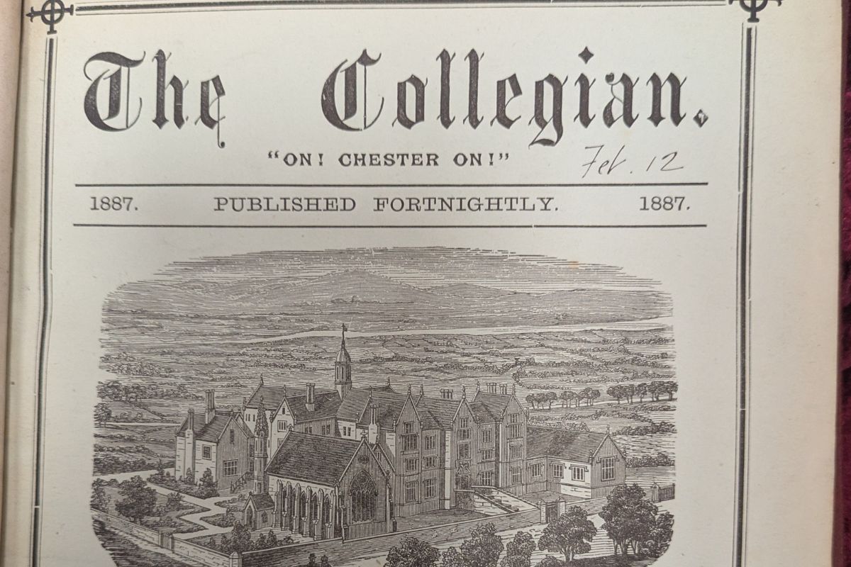 A close-up photo of the front page of an 1887s publication, The Collegian. The phrase 'On! Chester On! is included, as is the text 'Published Fotnightly'. A detailed sketch of the college is the main featured picture.