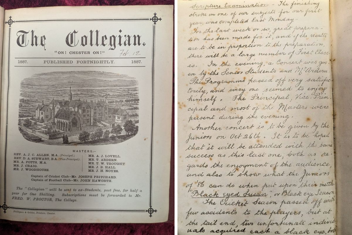 Two images put together. The left is the front cover of The Collegian, dated 1887. The right is a handwritten page from The Collegian, detailing choir events and a bruising cricket season in which two players suffered black eyes.