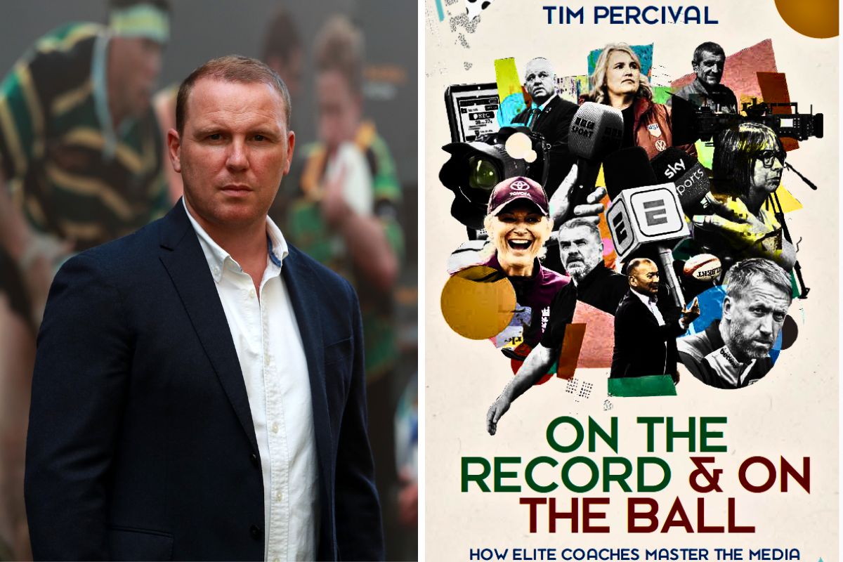 A profile picture of Tim Percival, facing the camera, as the left image. The right image is the cover of the new book, On the Record & On the Ball.