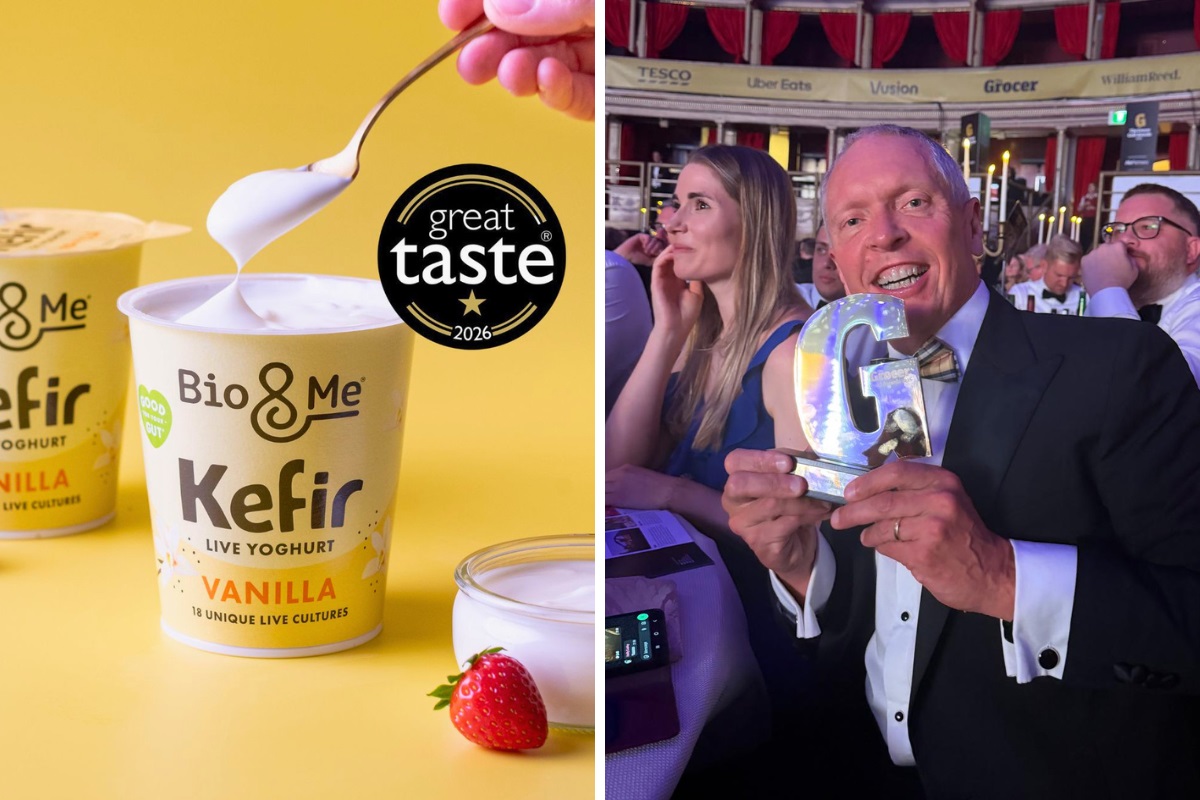 Two pictures. On the left, a spoon going into an open Bio&Me-branded kefir yoghurt pot. The picture is against a yellow background and the 