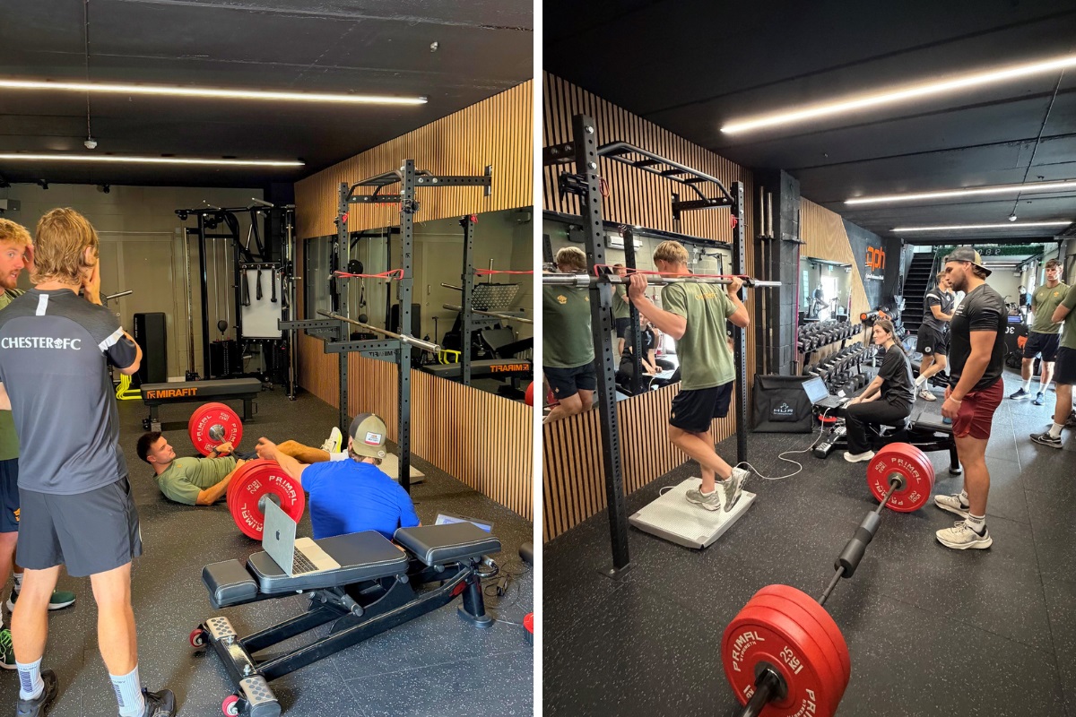 Two images of Chester FC players during a training session in a gym, monitored by students.