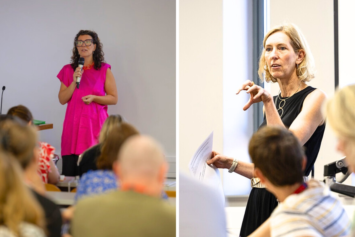 Two photos of two female speakers talking in a room with people listening.