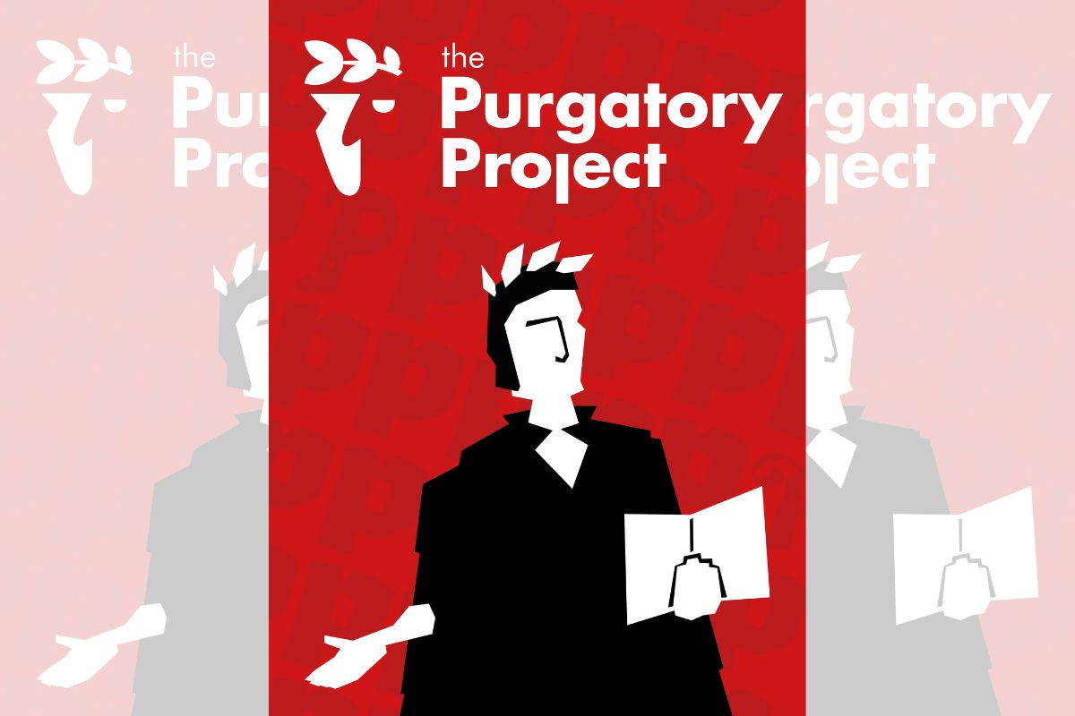 An image graphic titled 'The Purgatory Project'. The graphic is a stylised figure in black, right palm lifted, left hand holding something.