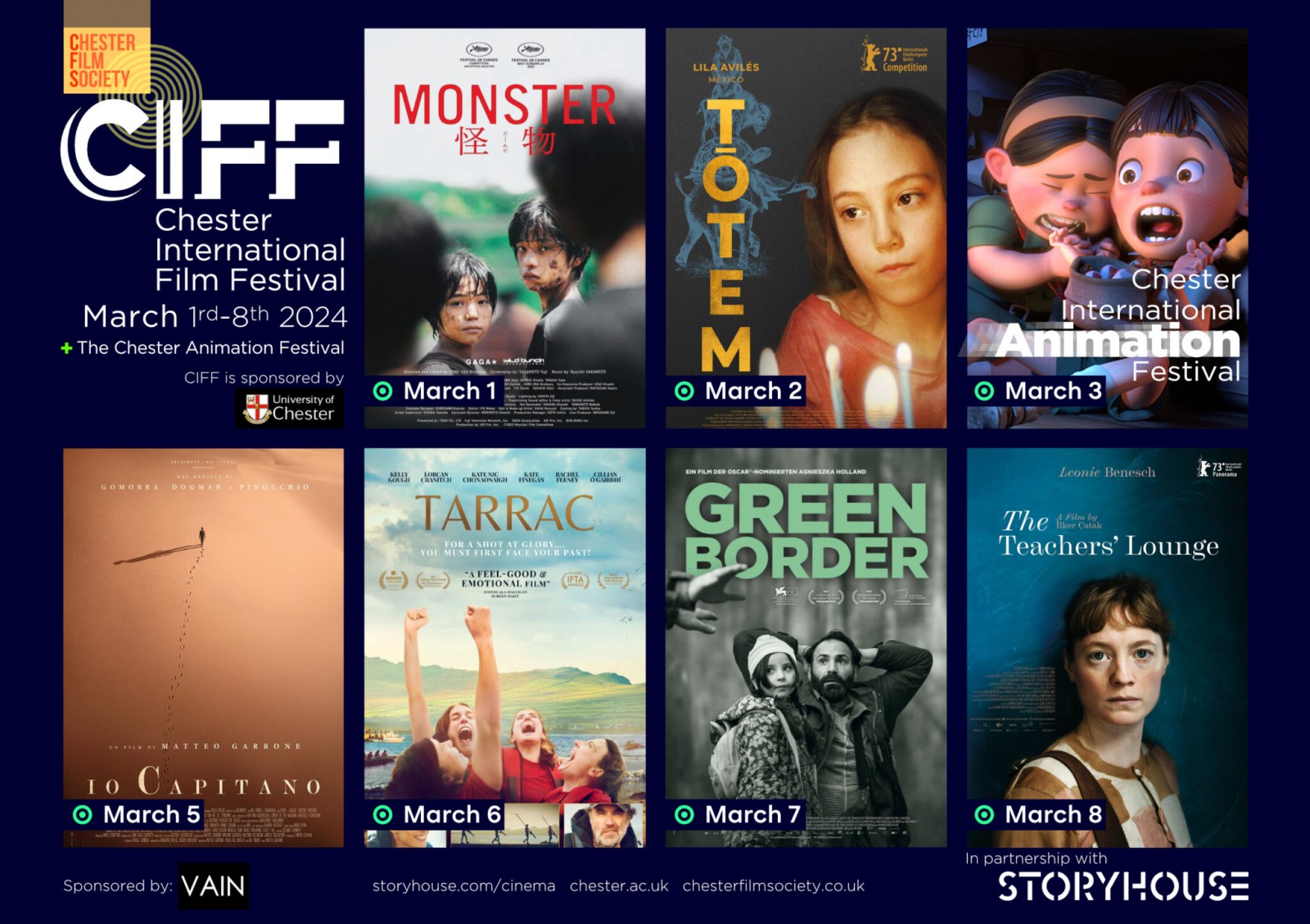Chester Film Festival poster. Eight different movie covers shown. Two rows of four movies.