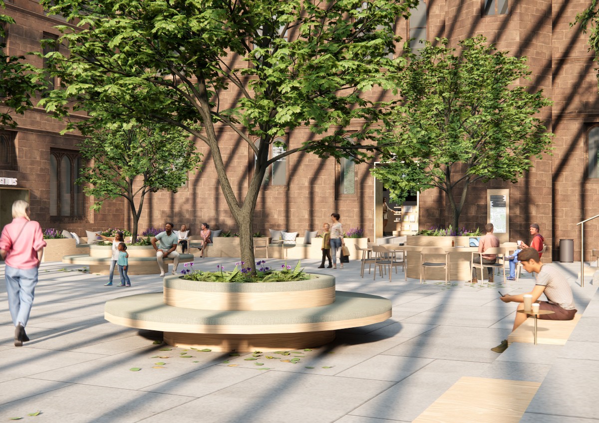 A 3D example of Community Gardens in/around Chester Cathedral. Animated people sitting in a garden area.
