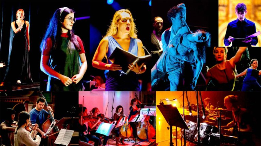 Disunited Jukebox; left to right: Company Carpi opera singers, Olivia Carrell, Isabelle Mohan, Naomi Rogers and Luca Wetherall. The musicians for Disunited Jukebox are drawn from the best orchestras in the UK and are joined by a cast of contemporary dancers. Photography: Brian Hickey and Simon Bubb.