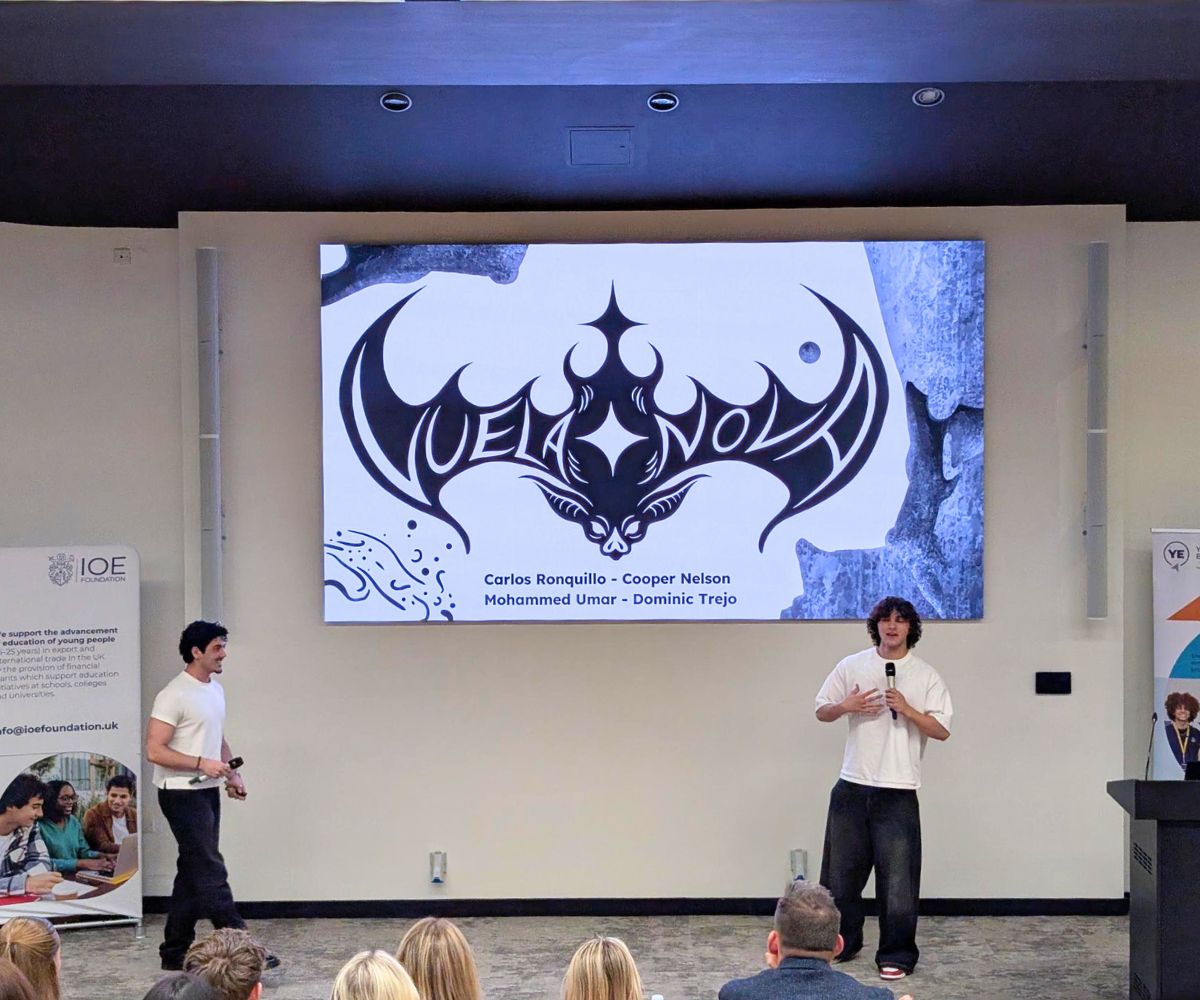 Team VuelaNova pitching at the Young Enterprise North West Start-Up Awards Final.