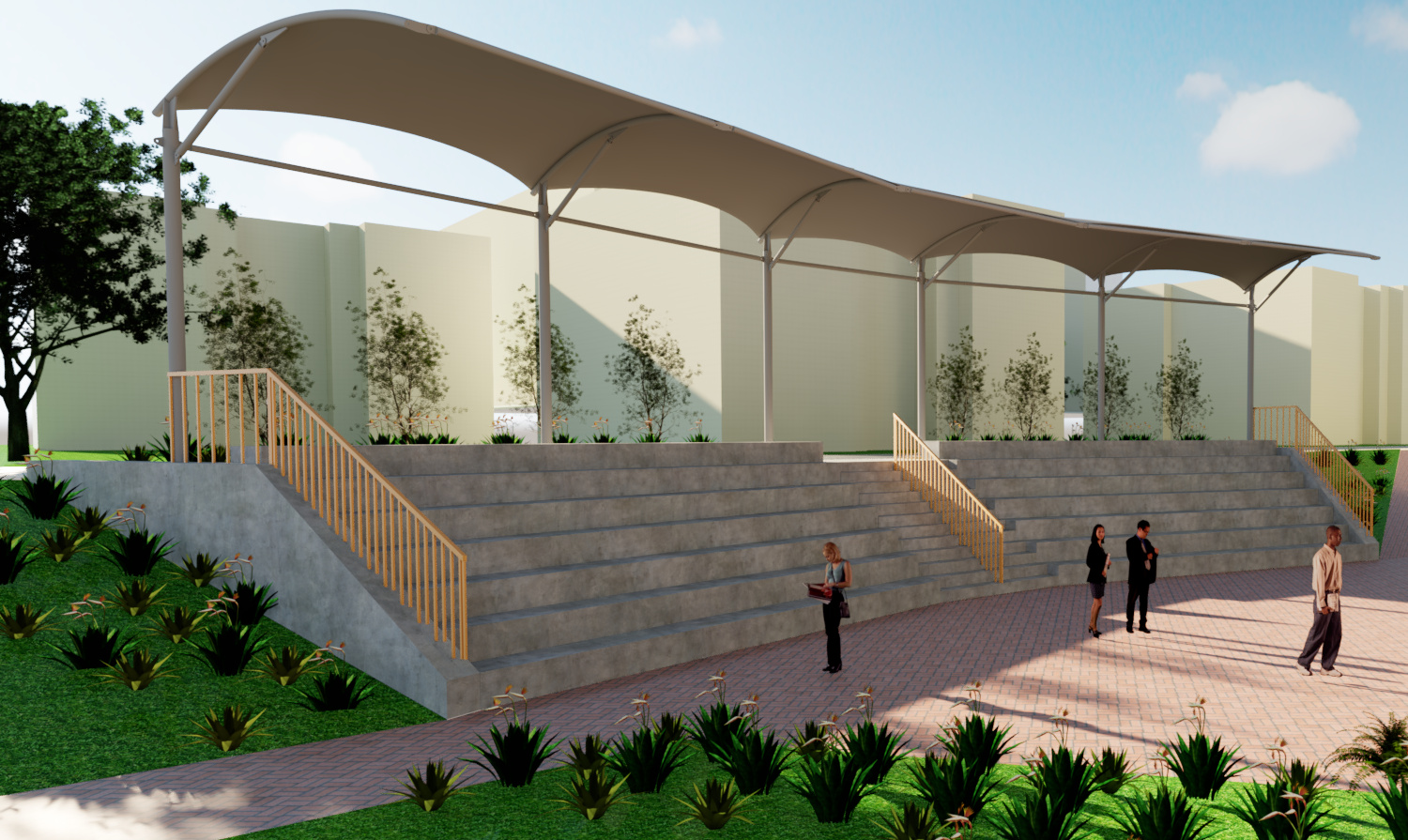 Contemporary outdoor seating area with shaded canopy, tiered concrete steps, and planted landscaping.