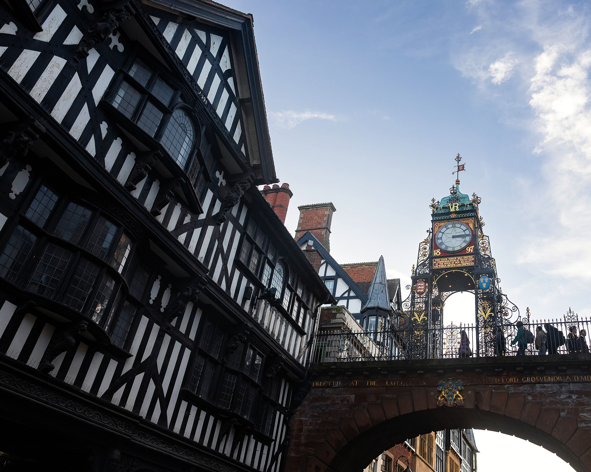 Chester’s famous Eastgate Clock and surrounding Tudor‑style buildings, showcasing the city’s historic character.