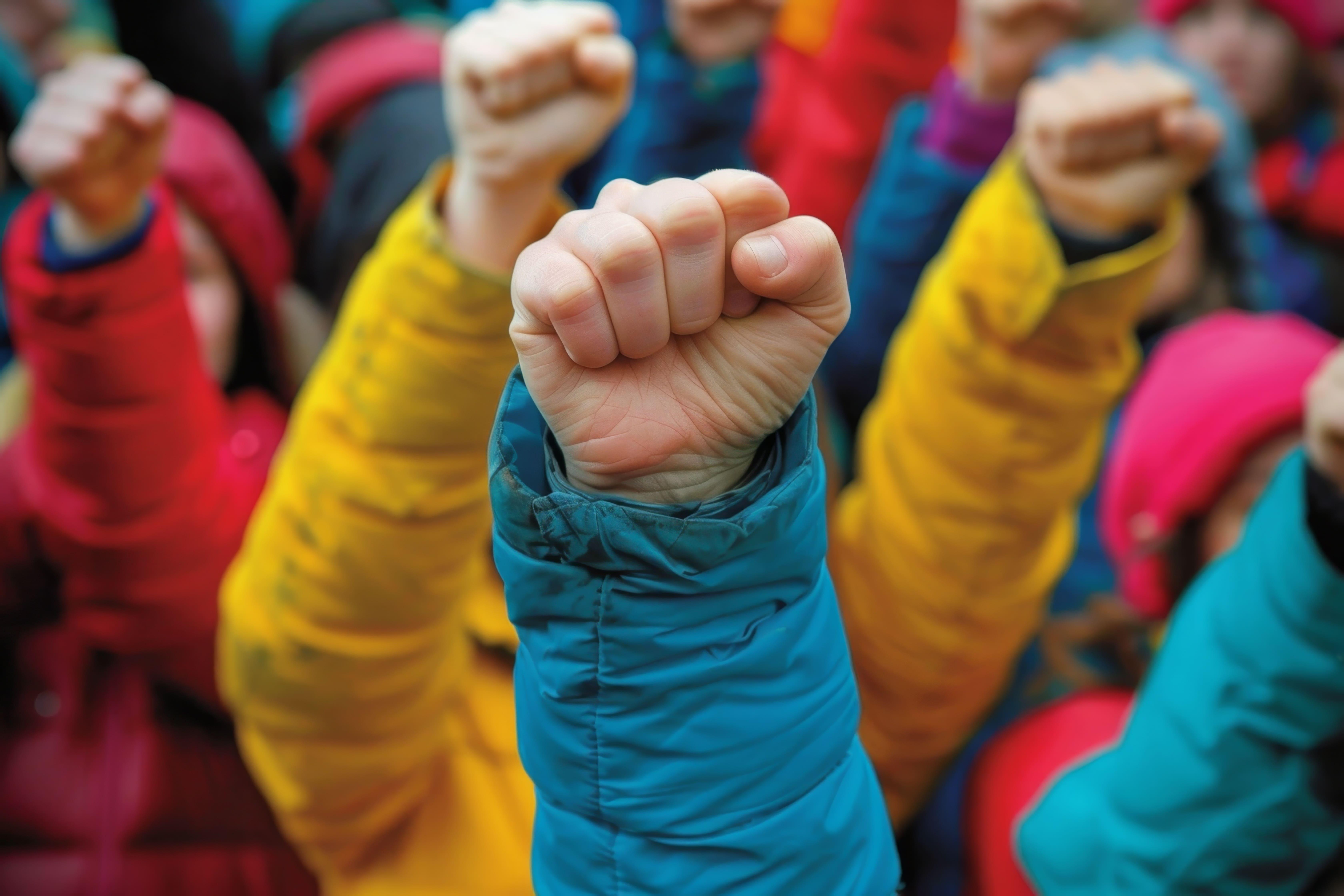 Participants raising their hands during a social justice campaign or community action event. Study the Education, Children and Social Justice MA at the University of Chester and explore equality, advocacy, children's rights and inclusive educational practice.