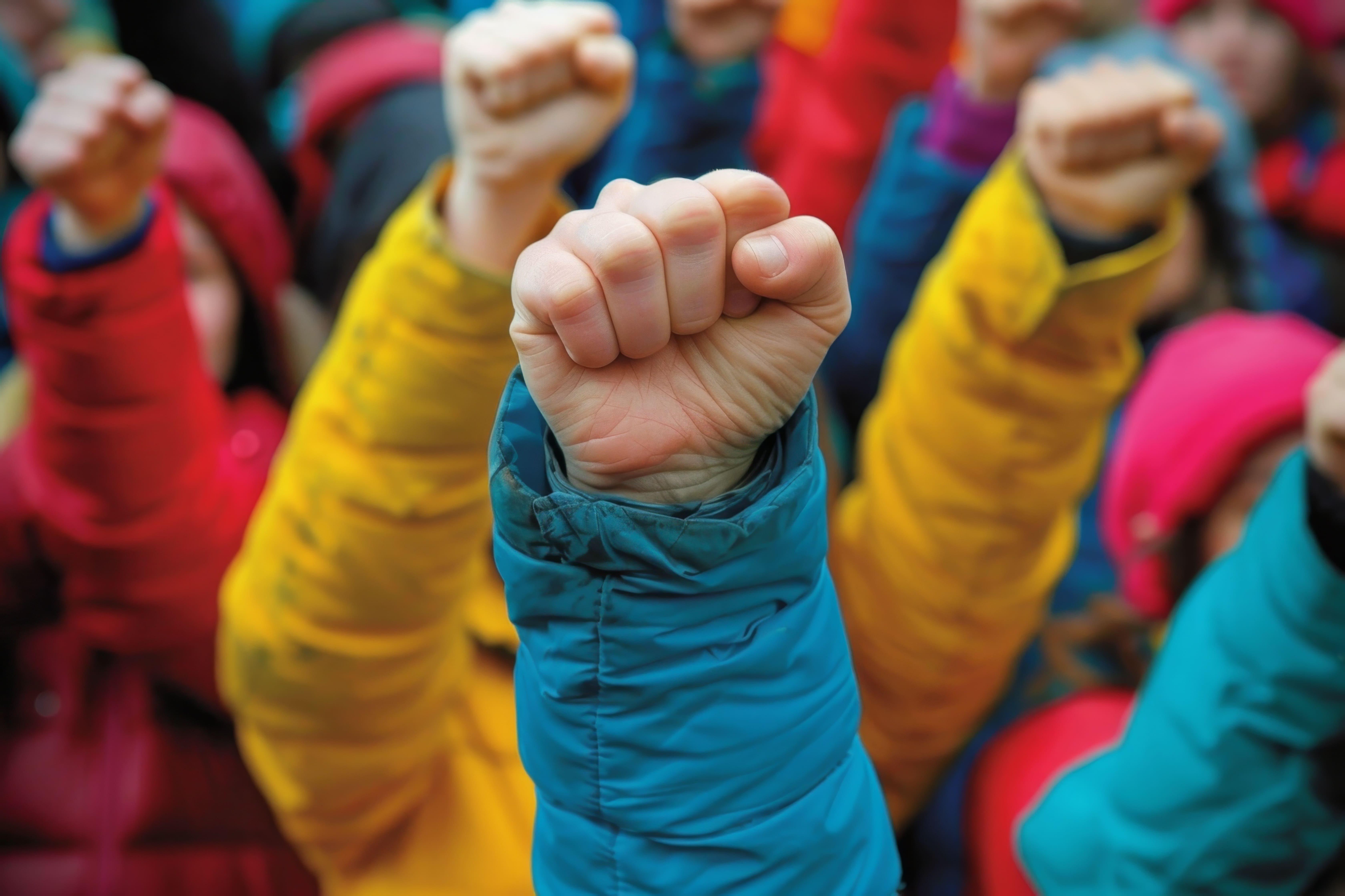a group of people wearing coulorful jackets raising their arms in the air making fists