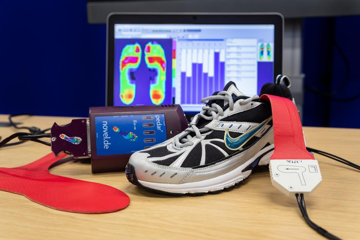 Equipment used for biomechanics and performance analysis, including a running shoe and pressure sensors, representing Psychology with Sport and Exercise Science BSc (Hons) at the University of Chester.