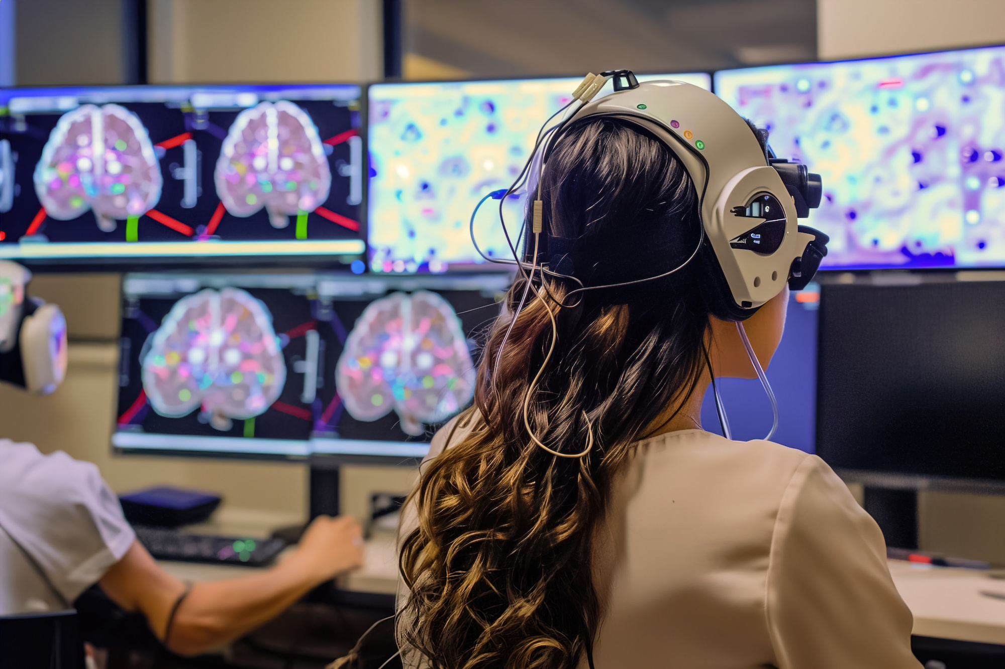 Scientists conduct experiments with EEG caps, exploring neurofeedback techniques, cognitive performance
