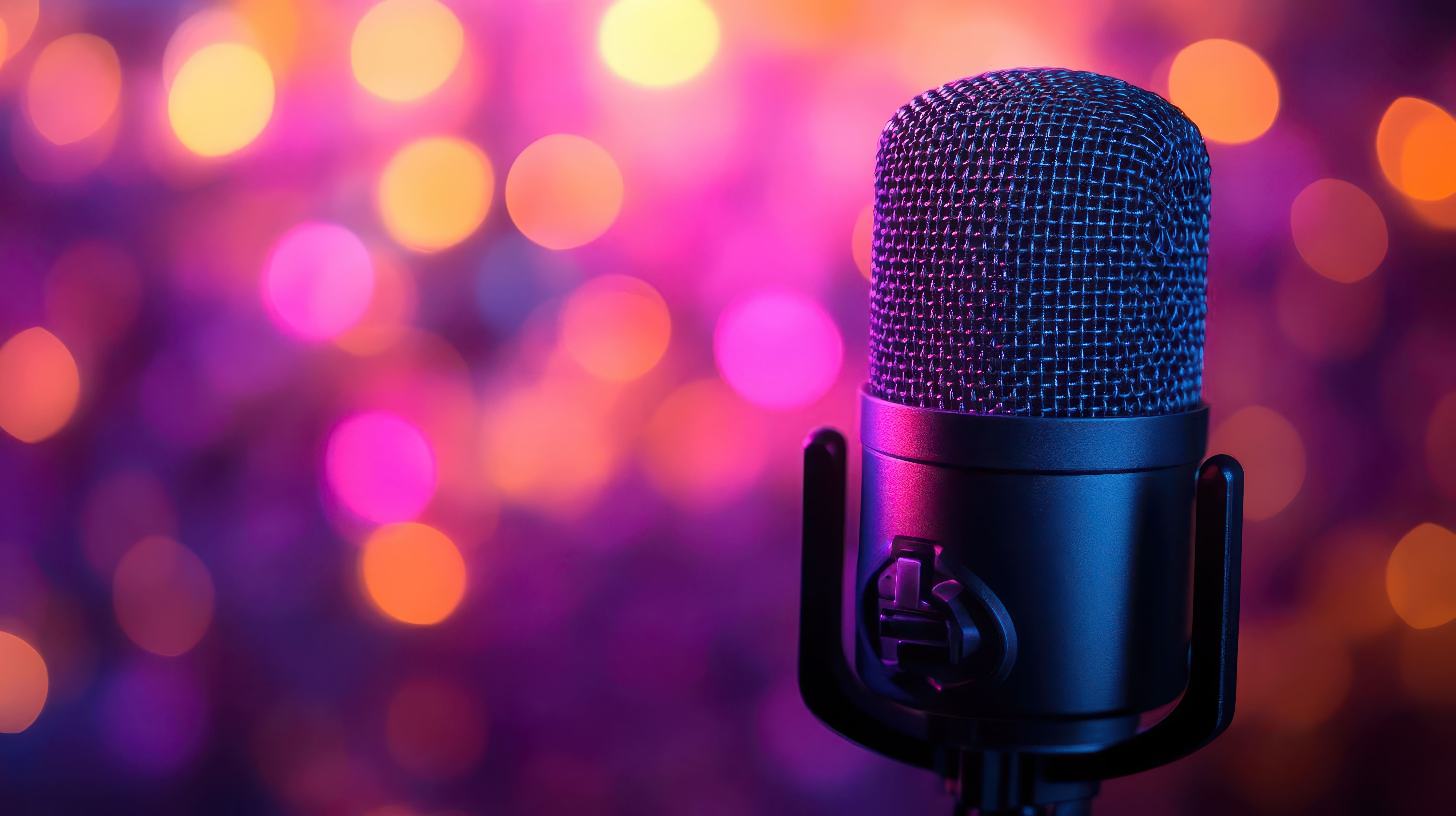 professional microphone against a vibrant pink and purple background