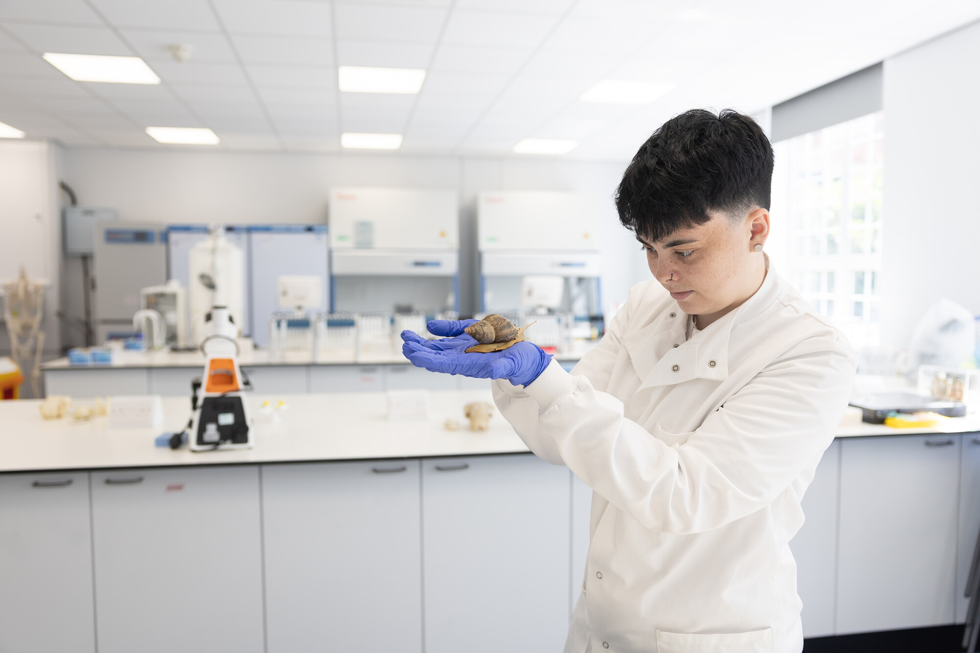 An Animal Behaviour student standing in a lab holding a giant snail