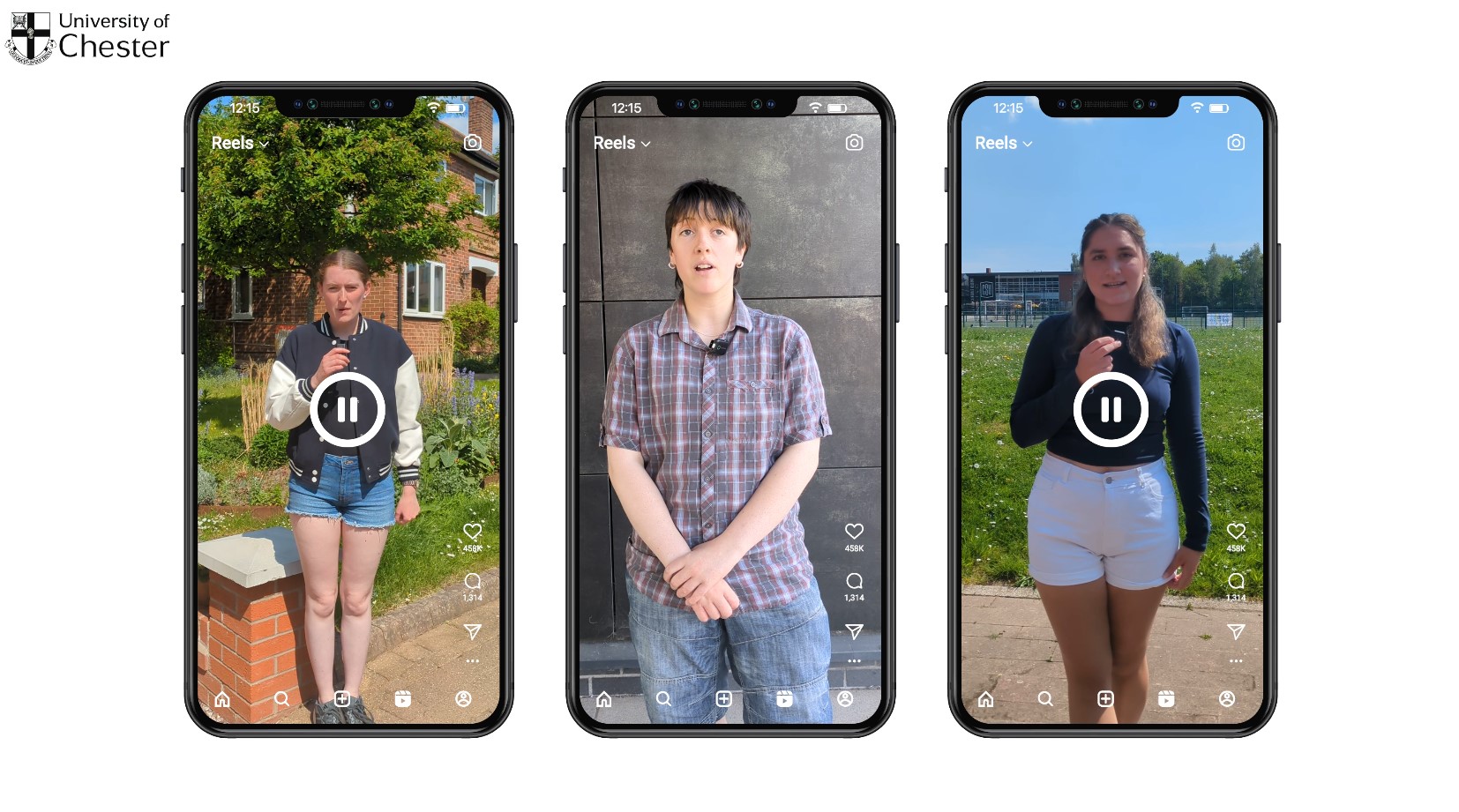 Three phone screens displaying images of students