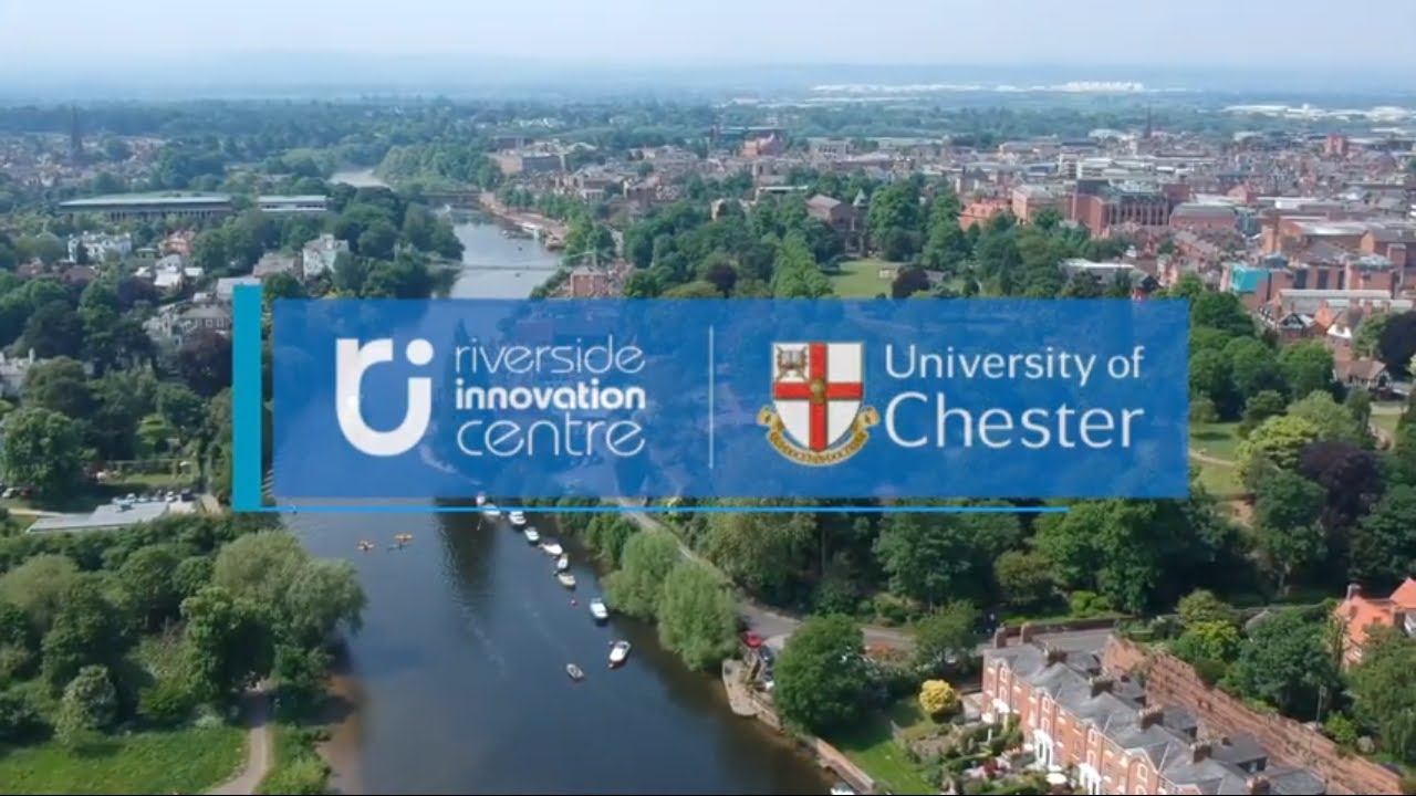 Aerial photograph of the River Dee with RIC and University of Chester logos
